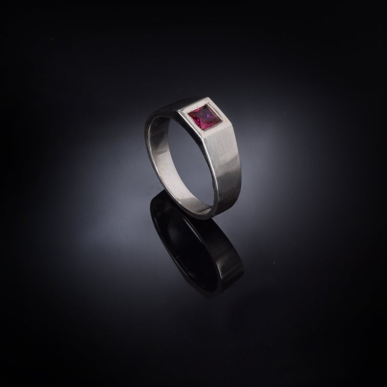 Sterling Silver Red Ruby Delicate Signet Ring